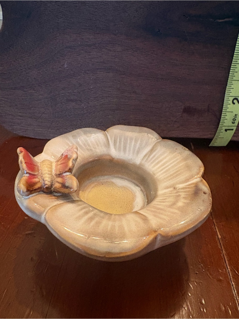 Ceramic Flower Votive Candle Holder with Butterfly Accent - Beige